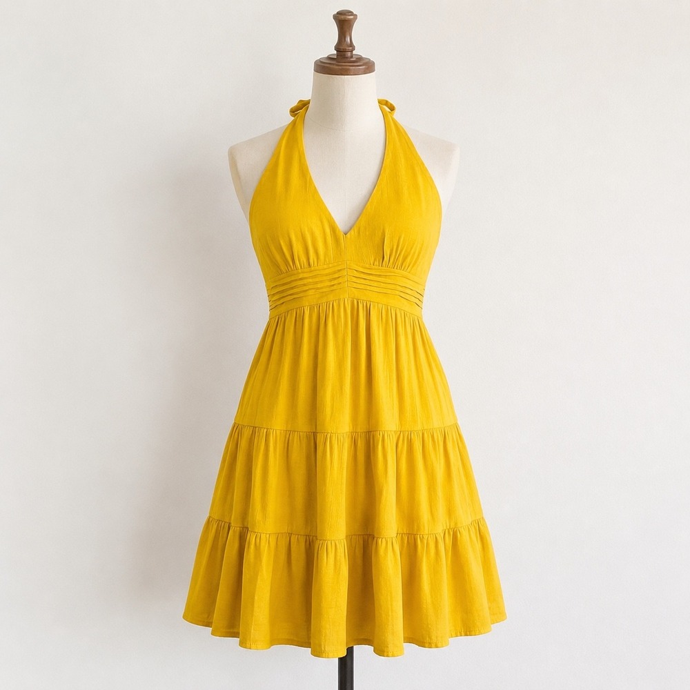 Blue Rain Yellow Halter Tiered Mini Dress